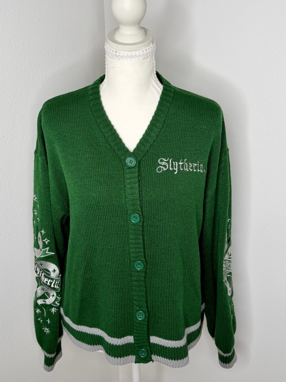 Harry Potter Green Slytherin V-Neck Button Cardigan Sweater Size Small
